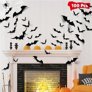 Bats Halloween Party Decoration‎ 100pcs Bats Sticker Wall Scary Decals PVC 3D